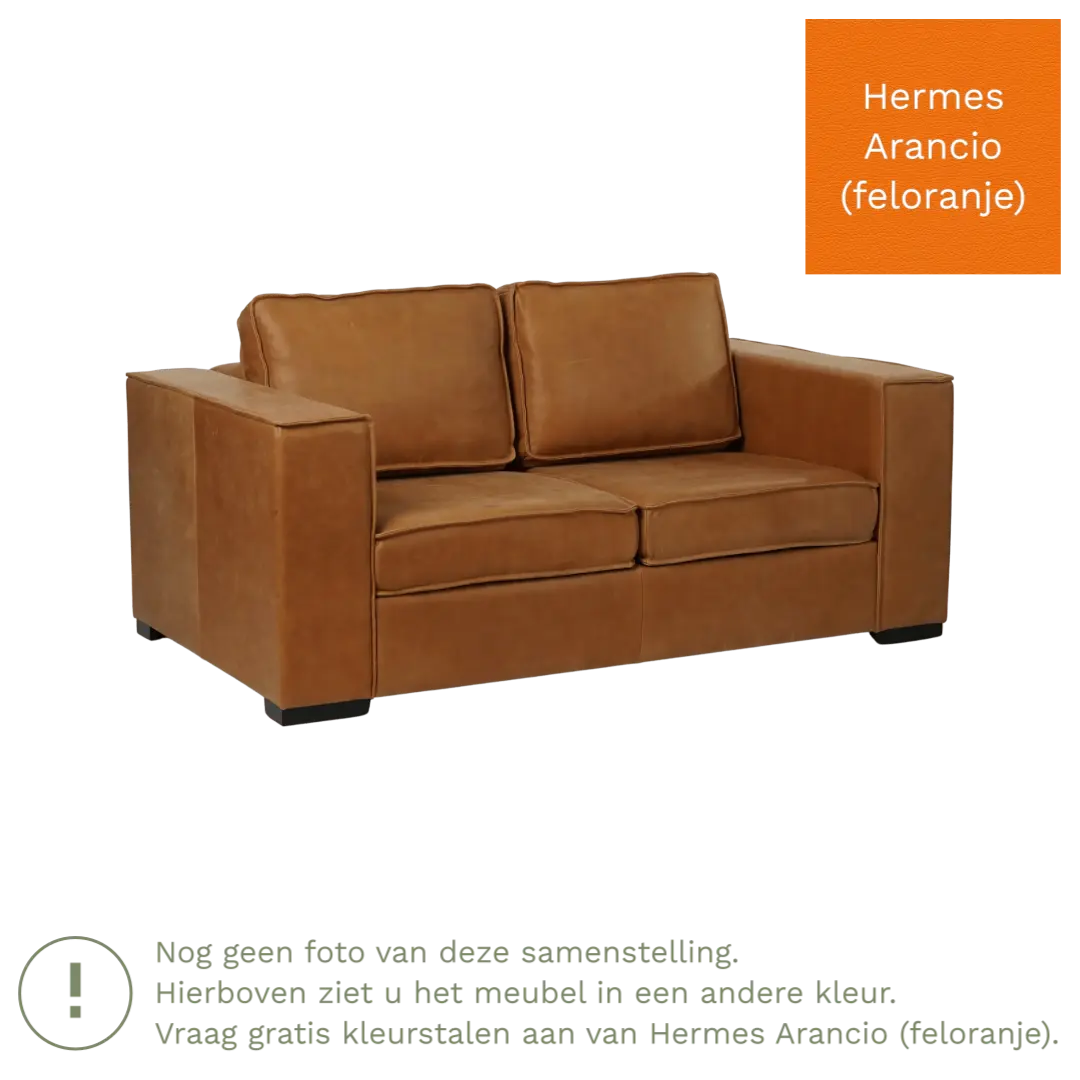 afbeelding van Leren bank Fine - 2 zits - Hermes Arancio (feloranje) - Poten hout bruin