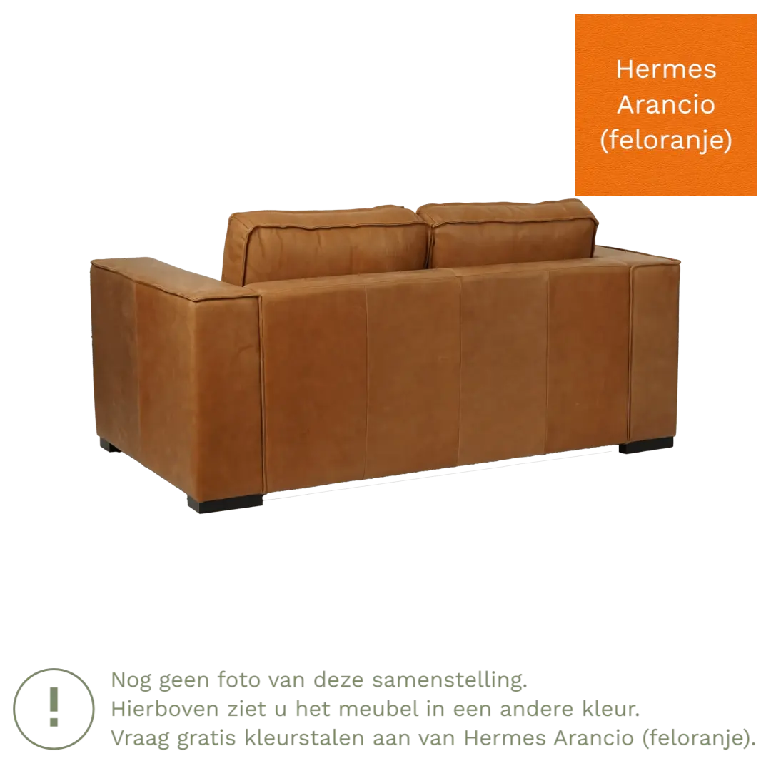 afbeelding van Leren bank Fine - 2 zits - Hermes Arancio (feloranje) - Poten hout bruin