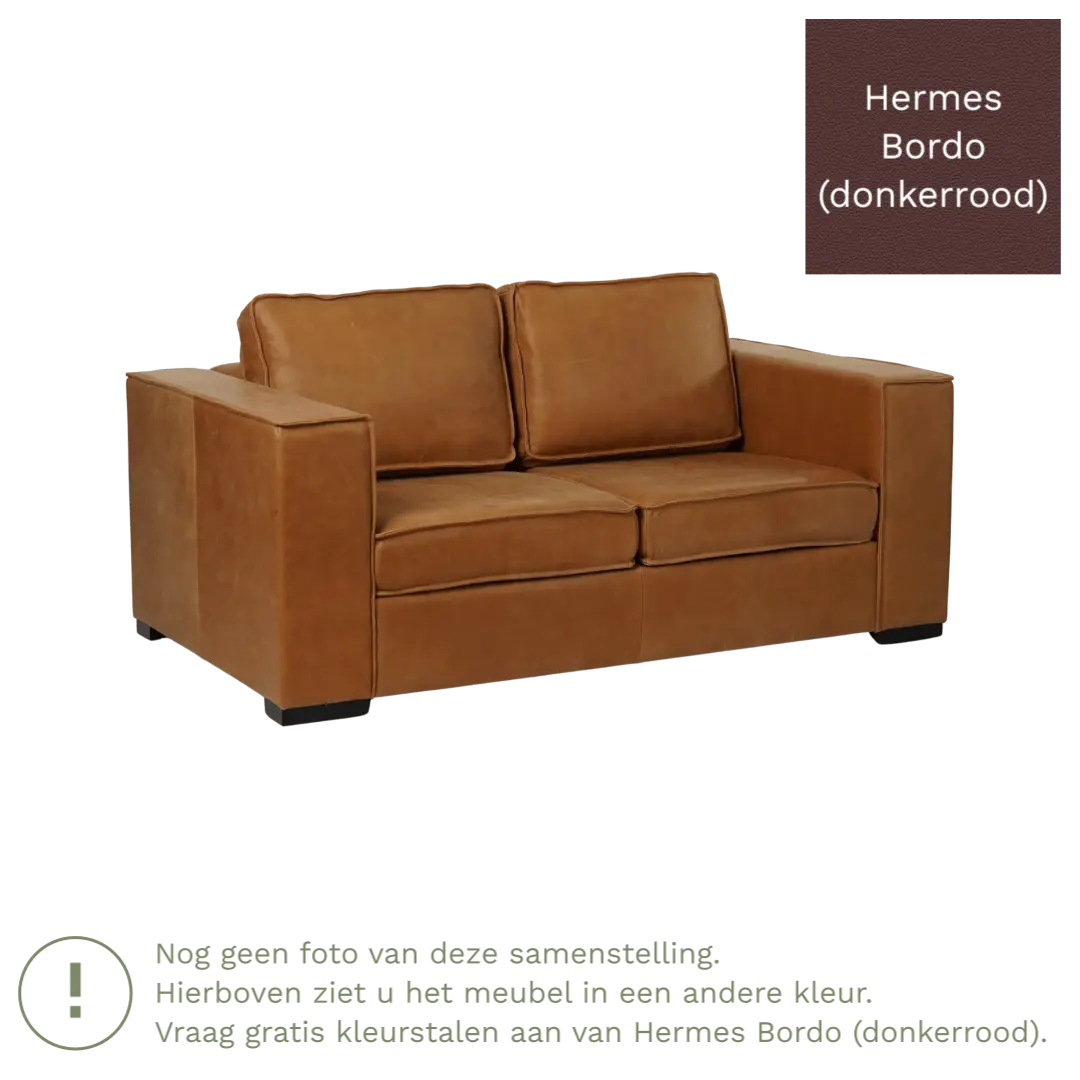 afbeelding van Leren bank Fine - 2 zits - Hermes Bordo (donkerrood) - Poten hout bruin