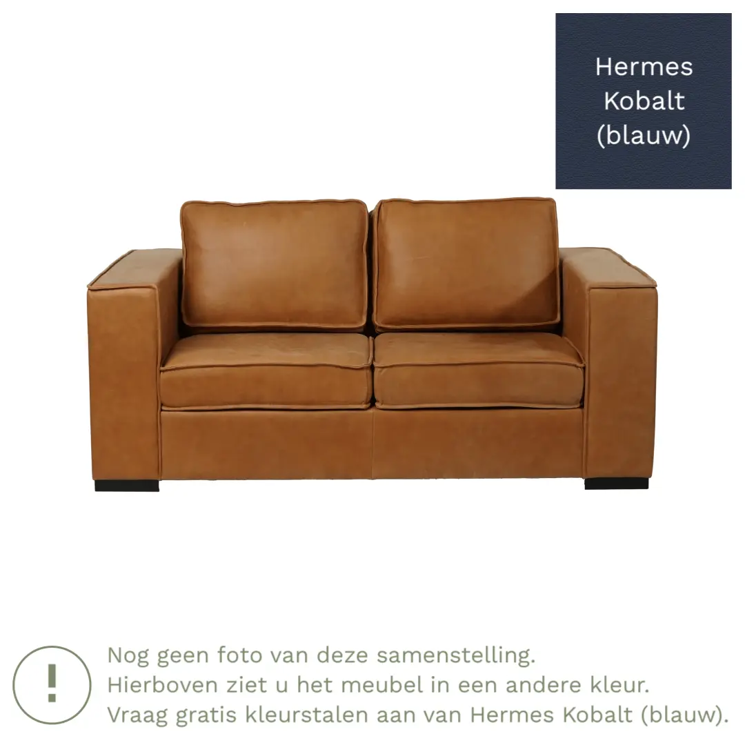 afbeelding van Leren bank Fine - 2 zits - Hermes Kobalt (blauw) - Poten hout bruin