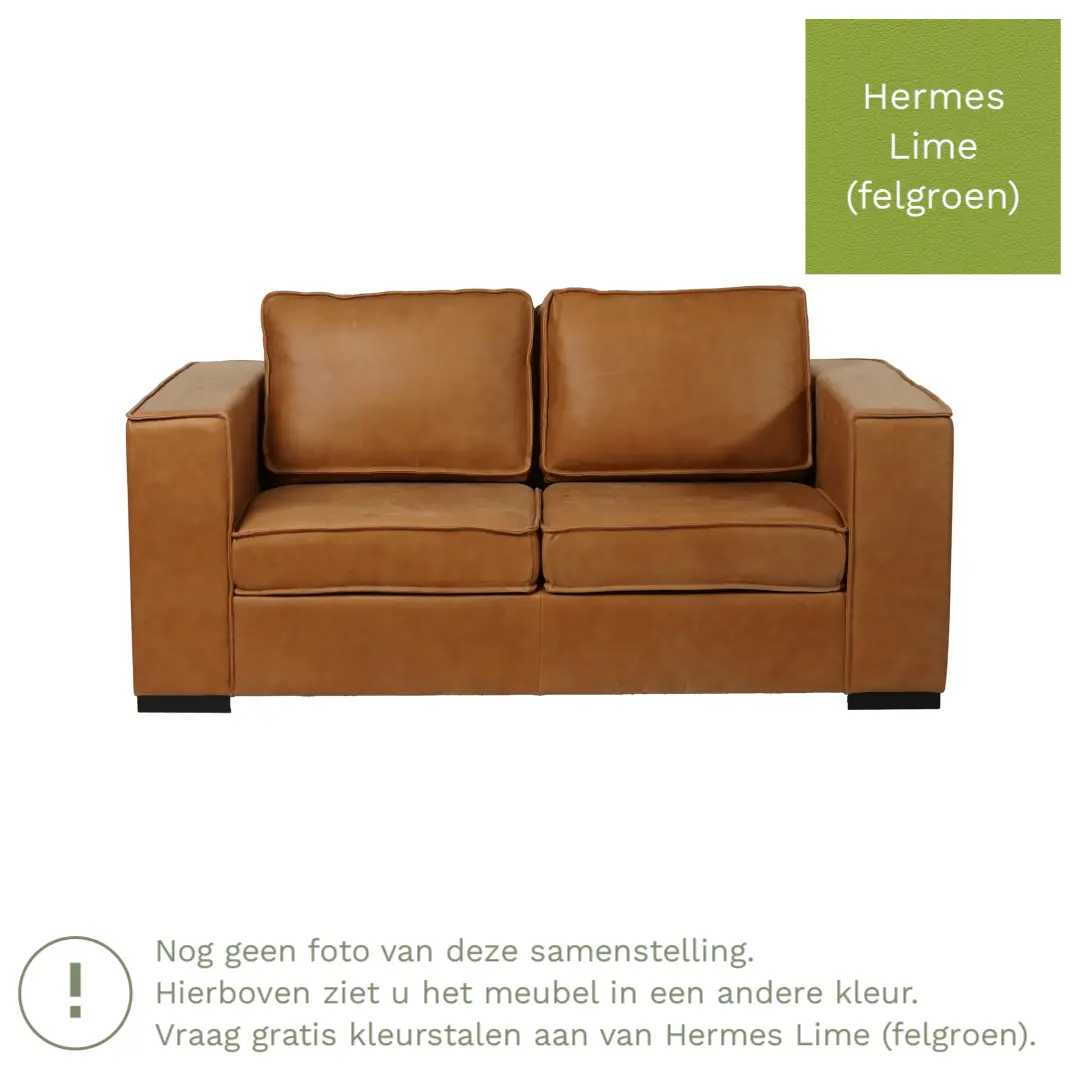 afbeelding van Leren bank Fine - 2 zits - Hermes Lime (felgroen) - Poten hout zwart