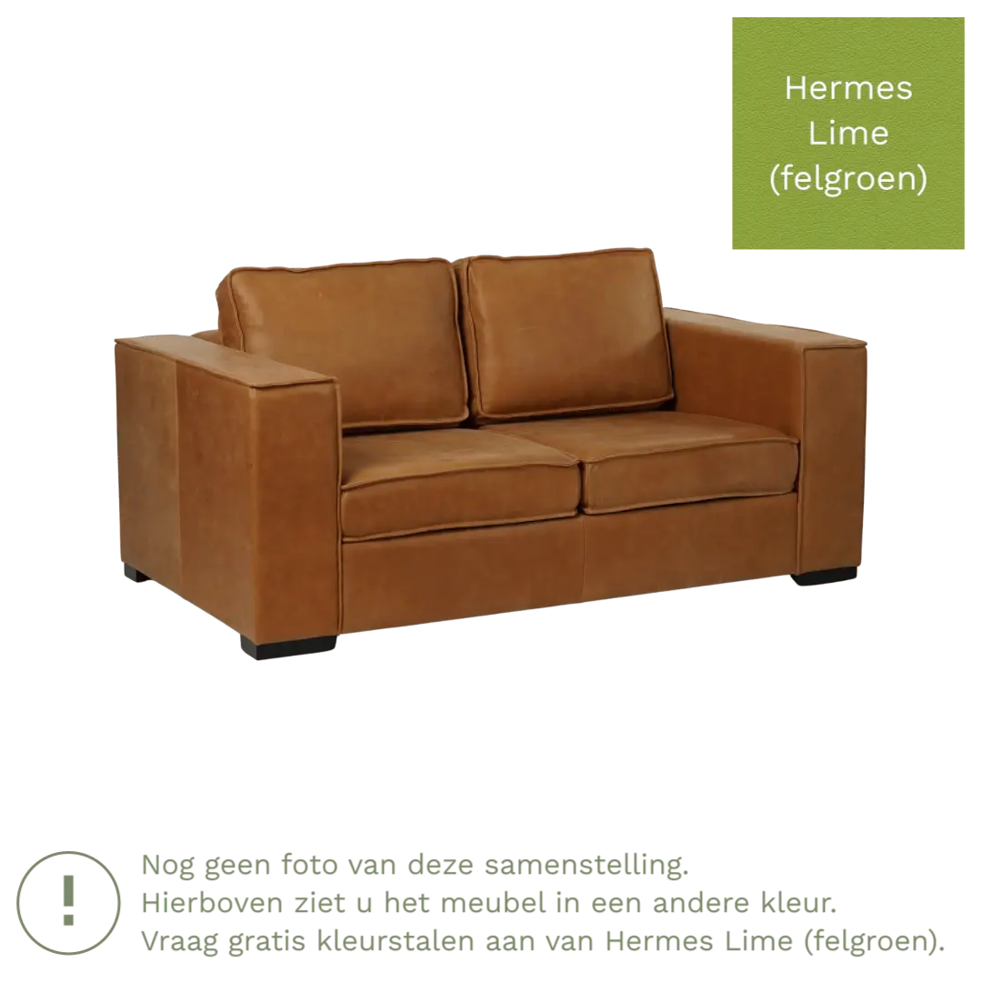 afbeelding van Leren bank Fine - 2 zits - Hermes Lime (felgroen) - Poten hout zwart