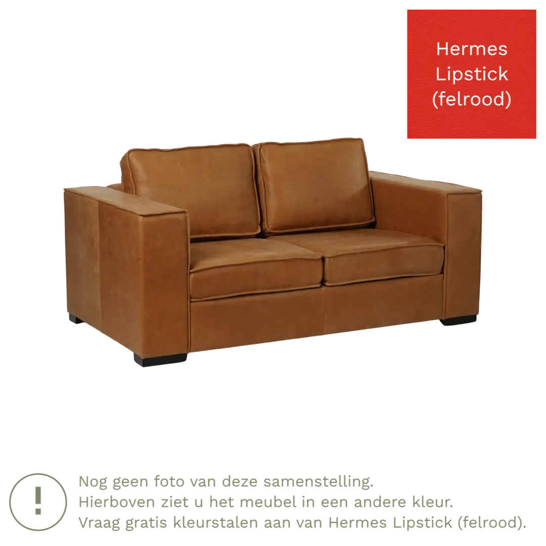 afbeelding van Leren bank Fine - 2 zits - Hermes Lipstick (felrood) - Poten hout bruin