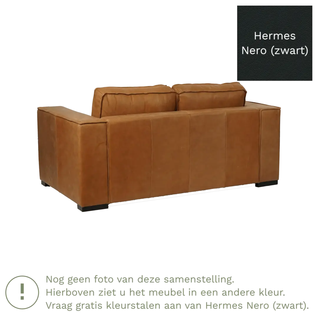afbeelding van Leren bank Fine - 2 zits - Hermes Nero (zwart) - Poten hout bruin