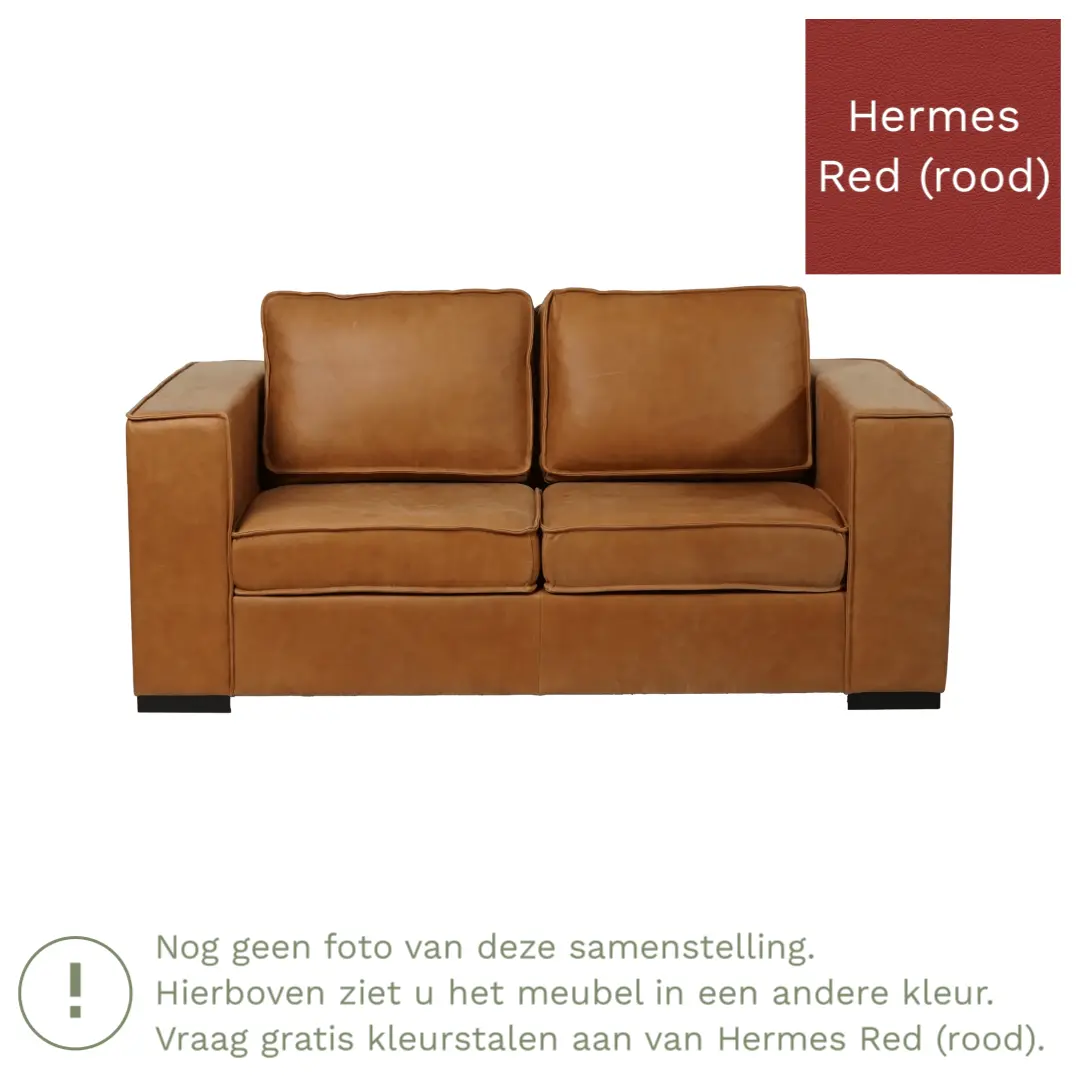 afbeelding van Leren bank Fine - 2 zits - Hermes Red (rood) - Poten hout bruin