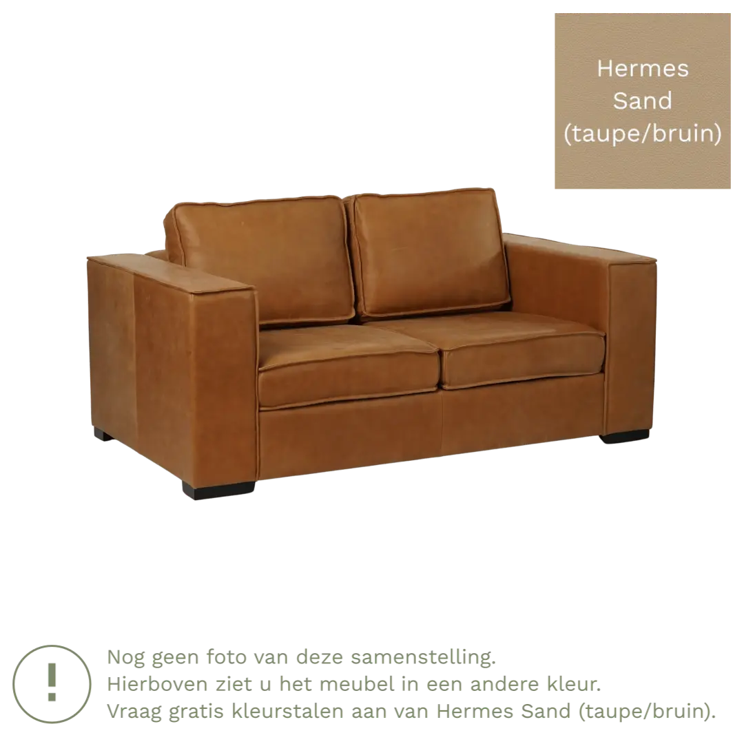 afbeelding van Leren bank Fine - 2 zits - Hermes Sand (taupe/bruin) - Poten hout zwart