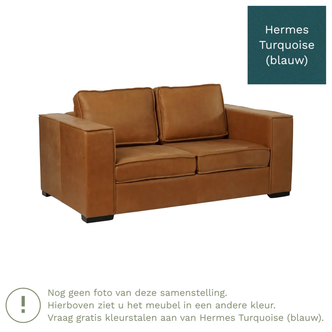 afbeelding van Leren bank Fine - 2 zits - Hermes Turquoise (blauw) - Poten hout zwart