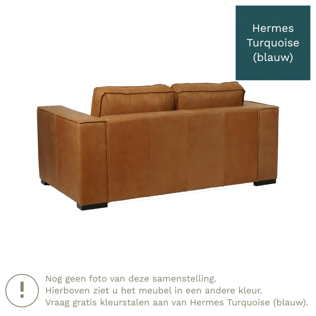 afbeelding van Leren bank Fine - 2 zits - Hermes Turquoise (blauw) - Poten hout zwart
