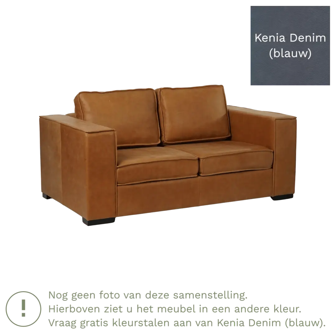 afbeelding van Leren bank Fine - 2 zits - Kenia Denim (blauw) - Poten hout bruin