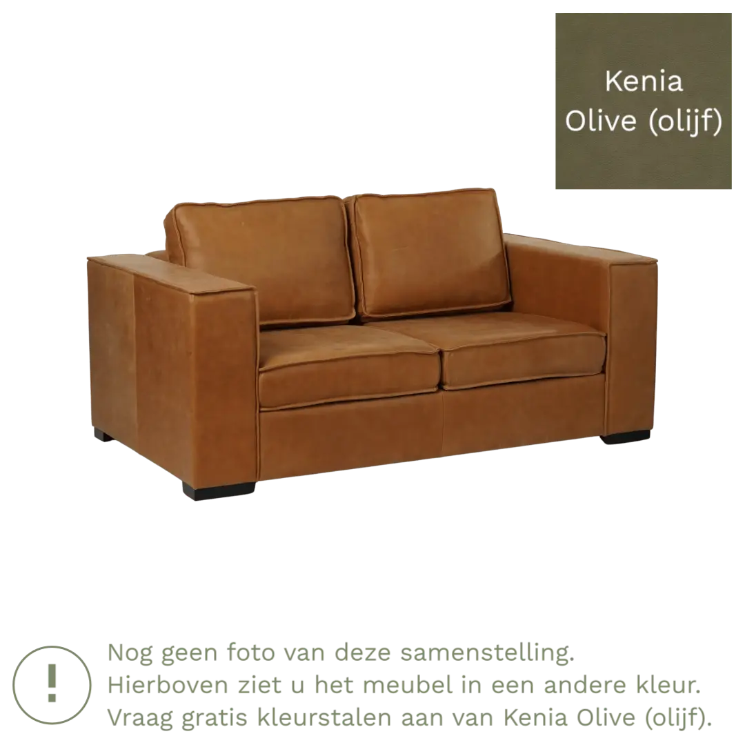 afbeelding van Leren bank Fine - 2 zits - Kenia Olive (olijf) - Poten hout bruin