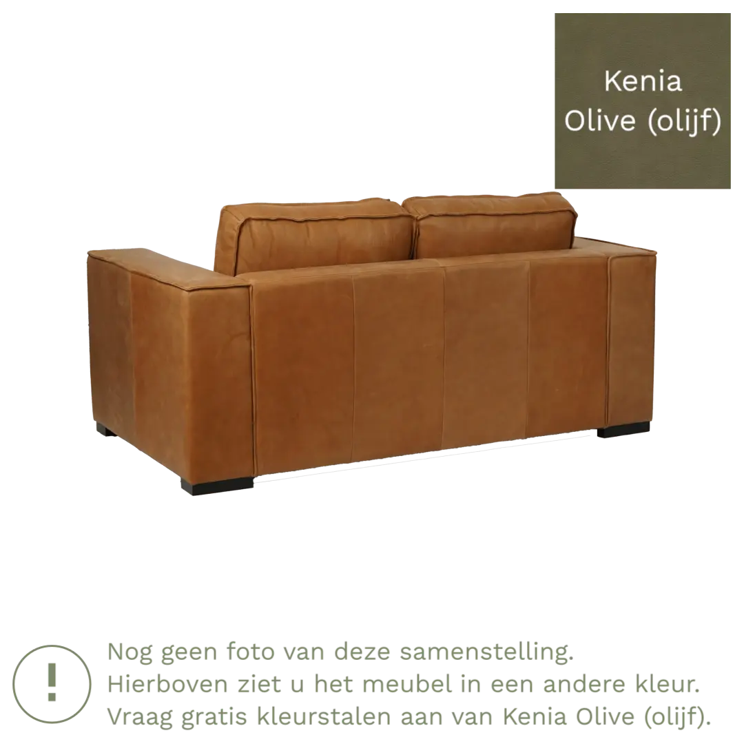 afbeelding van Leren bank Fine - 2 zits - Kenia Olive (olijf) - Poten hout bruin