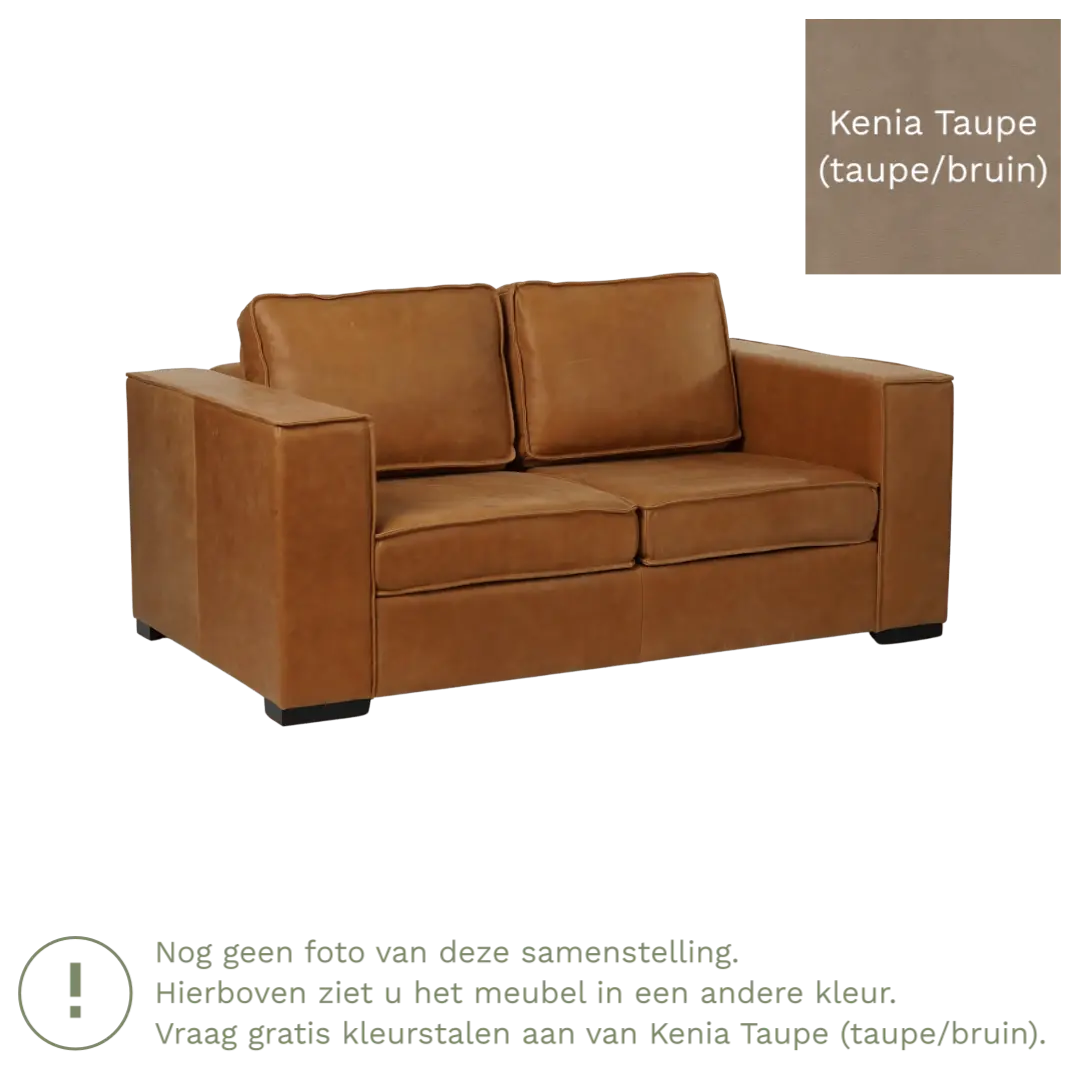 afbeelding van Leren bank Fine - 2 zits - Kenia Taupe (taupe/bruin) - Poten hout bruin