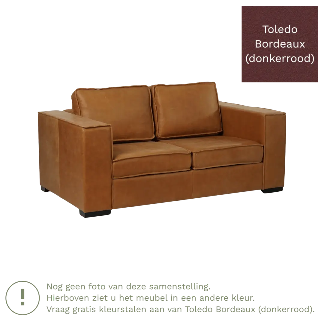 afbeelding van Leren bank Fine - 2 zits - Toledo Bordeaux (donkerrood) - Poten hout zwart