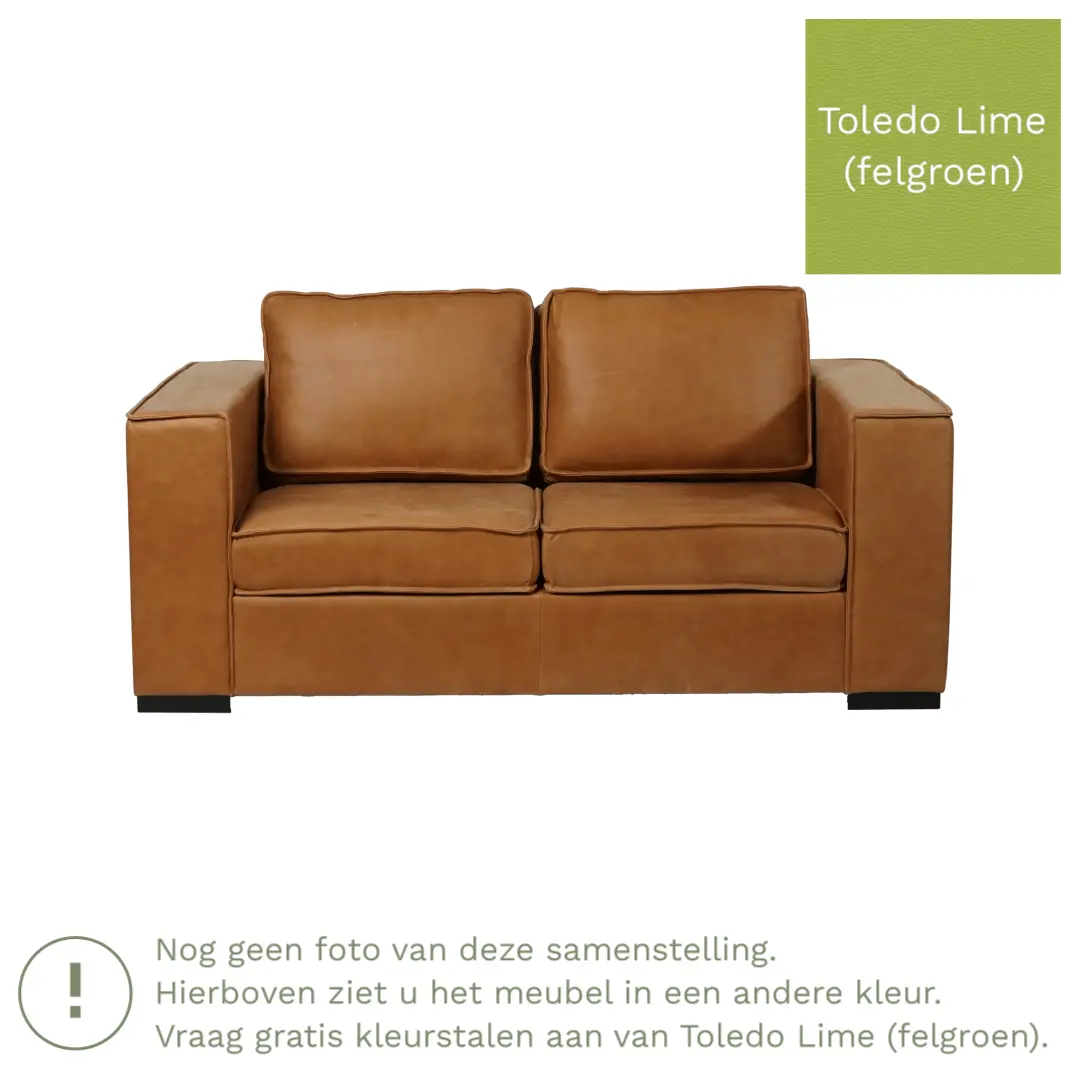 afbeelding van Leren bank Fine - 2 zits - Toledo Lime (felgroen) - Poten hout bruin