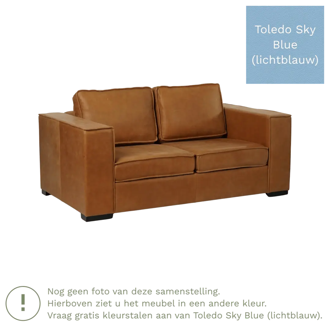 afbeelding van Leren bank Fine - 2 zits - Toledo Sky Blue (lichtblauw) - Poten hout bruin