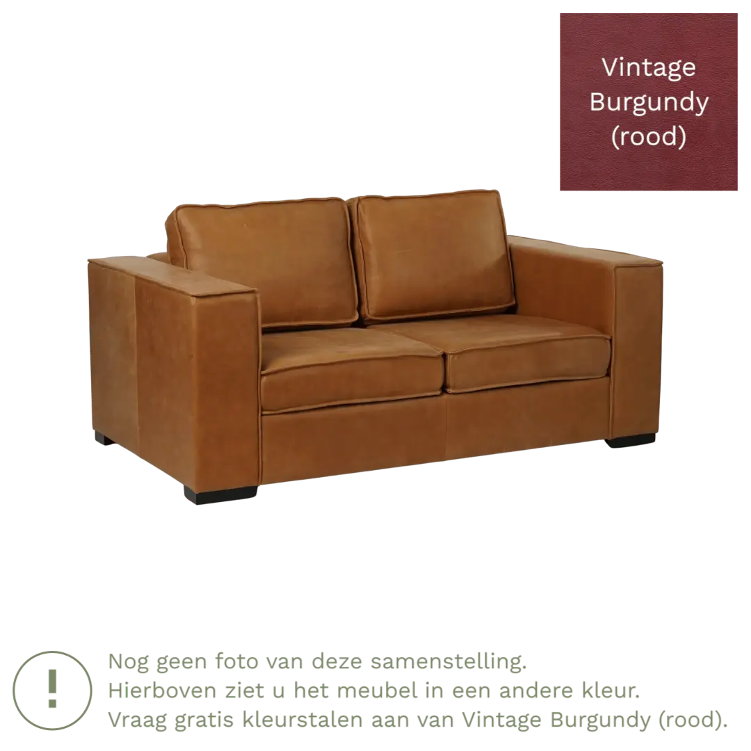 afbeelding van Leren bank Fine - 2 zits - Vintage Burgundy (rood) - Poten hout bruin