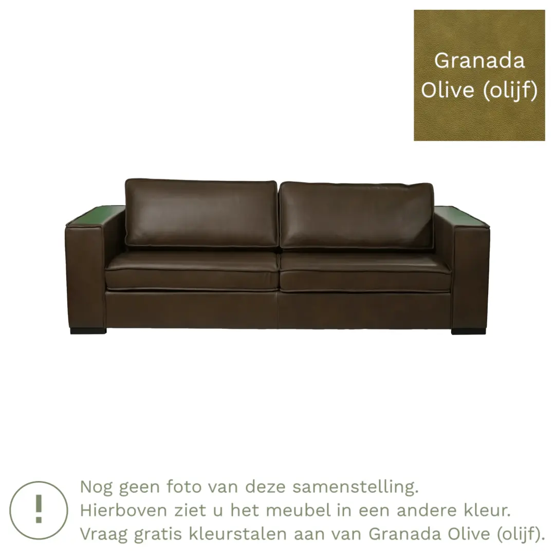 afbeelding van Leren bank Fine - 3,5 zits - Granada Olive (olijf) - Poten hout bruin
