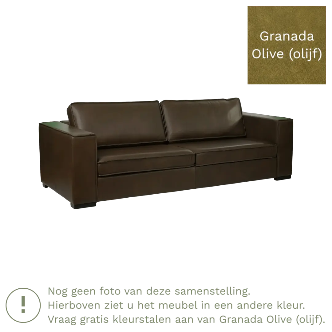 afbeelding van Leren bank Fine - 3,5 zits - Granada Olive (olijf) - Poten hout bruin