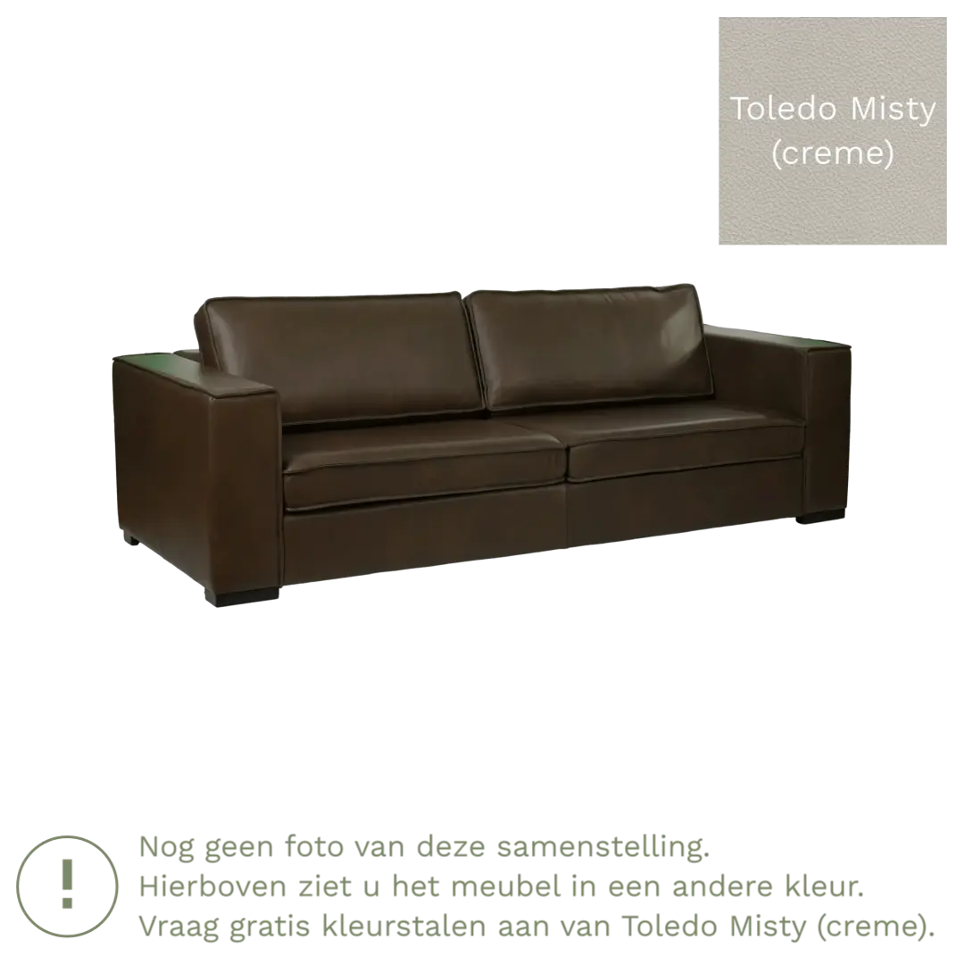 afbeelding van Leren bank Fine - 3,5 zits - Toledo Misty (crème) - Poten hout bruin