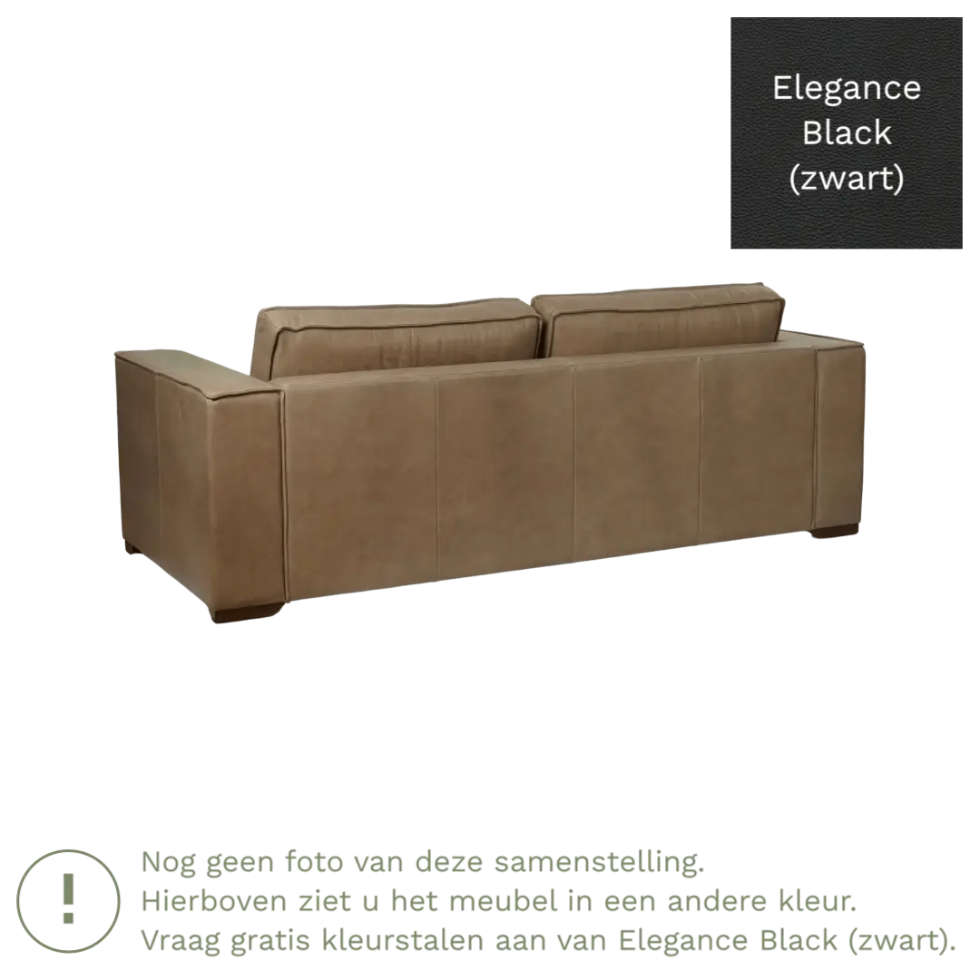 afbeelding van Leren bank Fine - 3 zits - Elegance Black (zwart) - Poten hout bruin