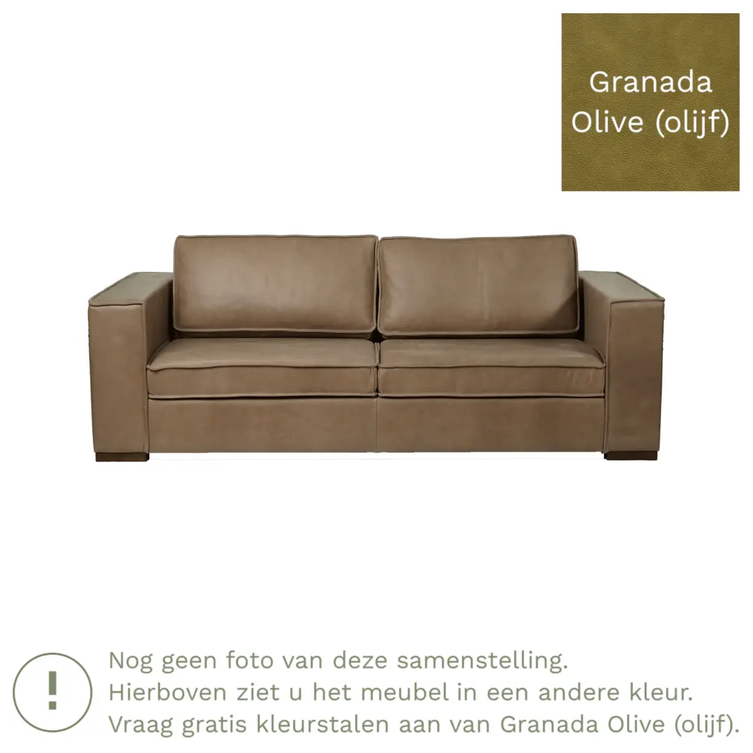 afbeelding van Leren bank Fine - 3 zits - Granada Olive (olijf) - Poten hout zwart