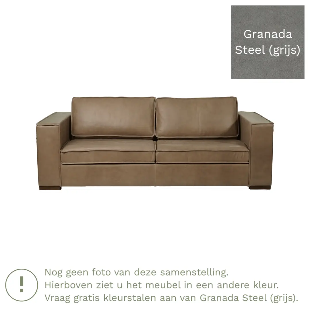 afbeelding van Leren bank Fine - 3 zits - Granada Steel (grijs) - Poten hout bruin