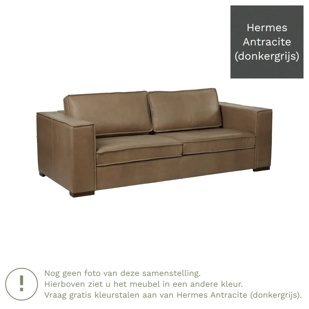 afbeelding van Leren bank Fine - 3 zits - Hermes Antracite (donkergrijs) - Poten hout bruin