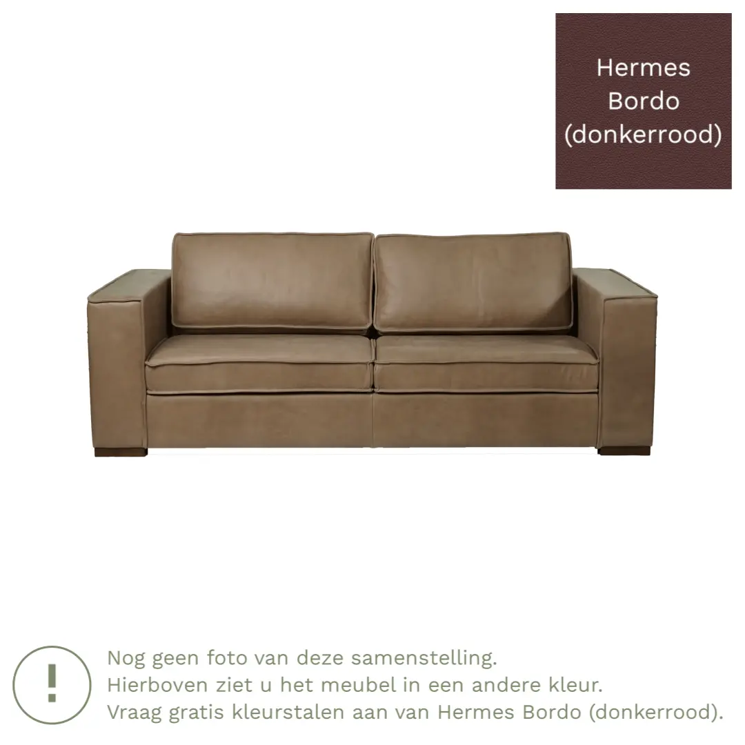 afbeelding van Leren bank Fine - 3 zits - Hermes Bordo (donkerrood) - Poten hout zwart
