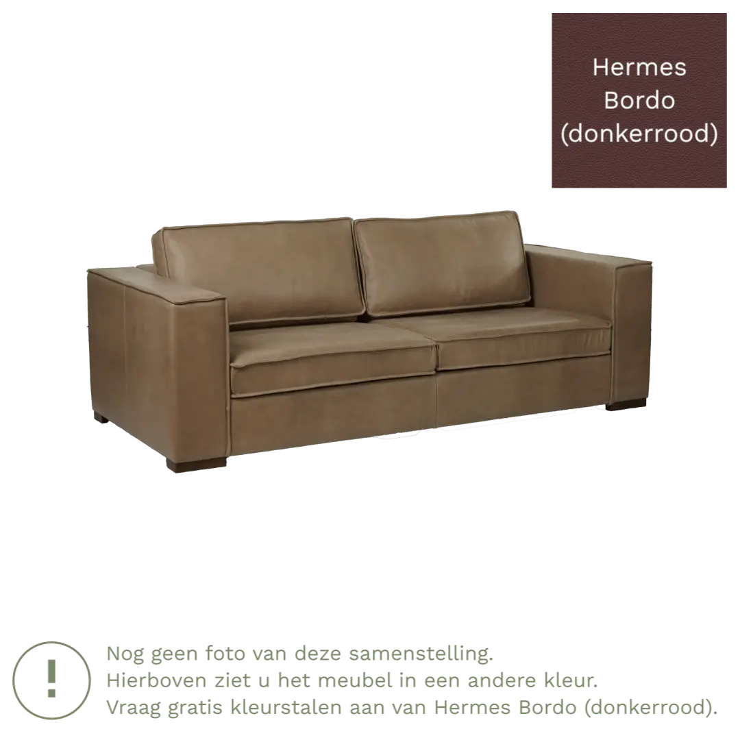 afbeelding van Leren bank Fine - 3 zits - Hermes Bordo (donkerrood) - Poten hout zwart