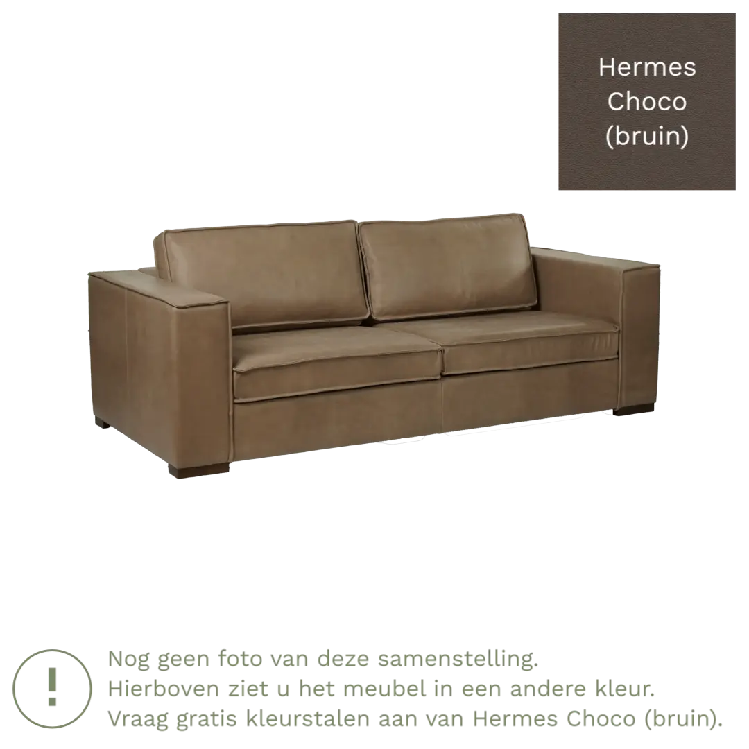 afbeelding van Leren bank Fine - 3 zits - Hermes Choco (bruin) - Poten hout zwart