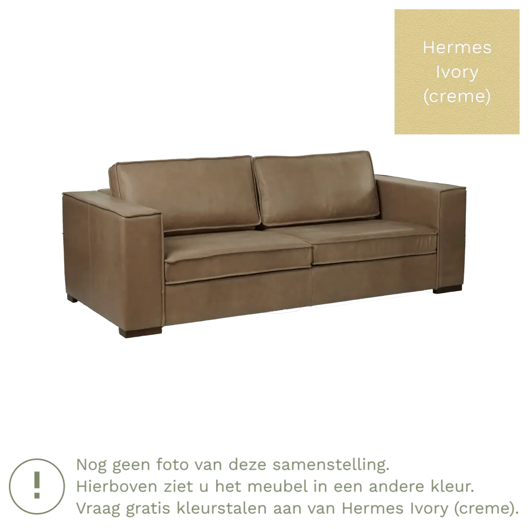 afbeelding van Leren bank Fine - 3 zits - Hermes Ivory (crème) - Poten hout bruin