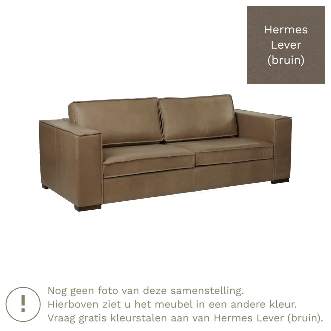 afbeelding van Leren bank Fine - 3 zits - Hermes Lever (bruin) - Poten hout bruin