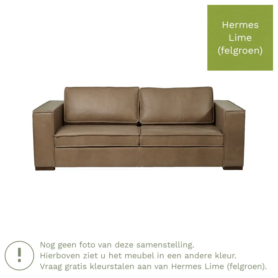 afbeelding van Leren bank Fine - 3 zits - Hermes Lime (felgroen) - Poten hout bruin