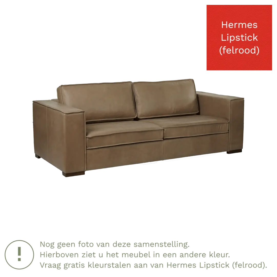 afbeelding van Leren bank Fine - 3 zits - Hermes Lipstick (felrood) - Poten hout zwart