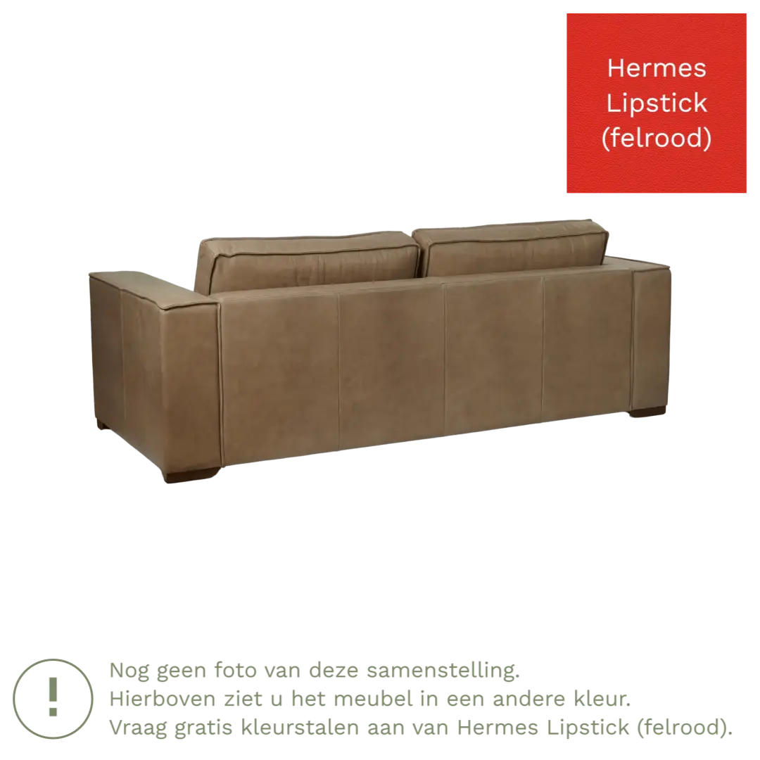 afbeelding van Leren bank Fine - 3 zits - Hermes Lipstick (felrood) - Poten hout zwart