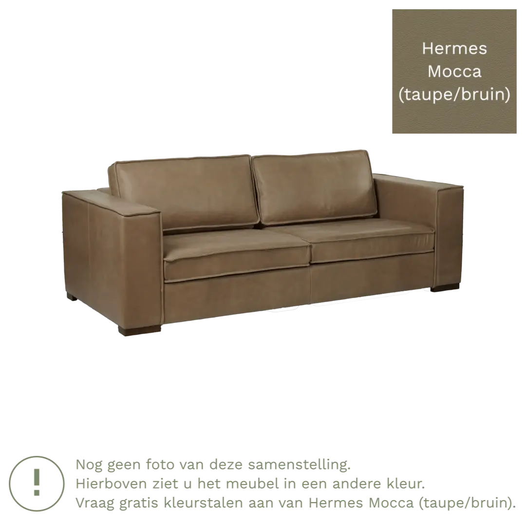 afbeelding van Leren bank Fine - 3 zits - Hermes Mocca (taupe/bruin) - Poten hout bruin
