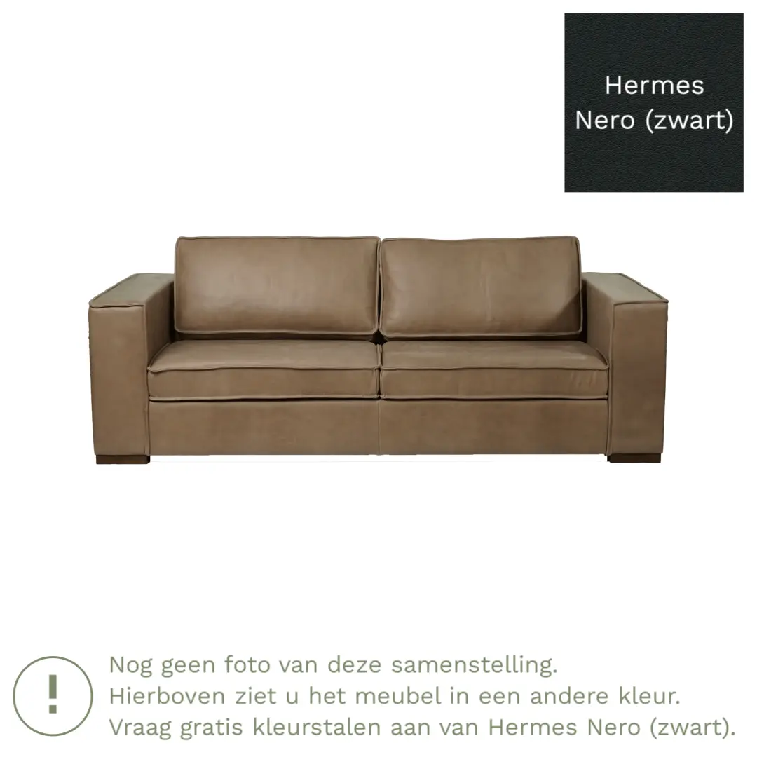 afbeelding van Leren bank Fine - 3 zits - Hermes Nero (zwart) - Poten hout bruin