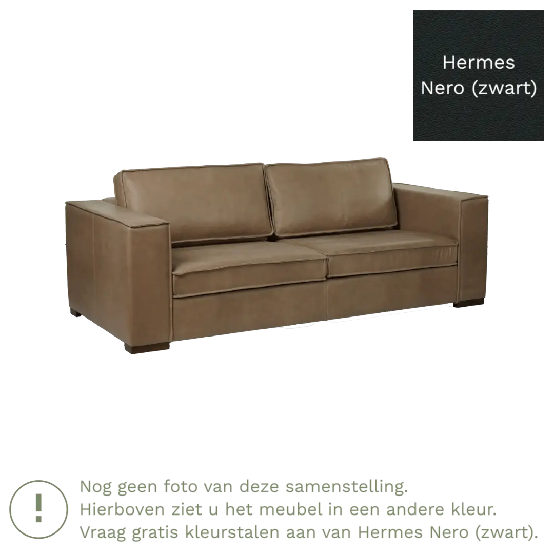 afbeelding van Leren bank Fine - 3 zits - Hermes Nero (zwart) - Poten hout bruin
