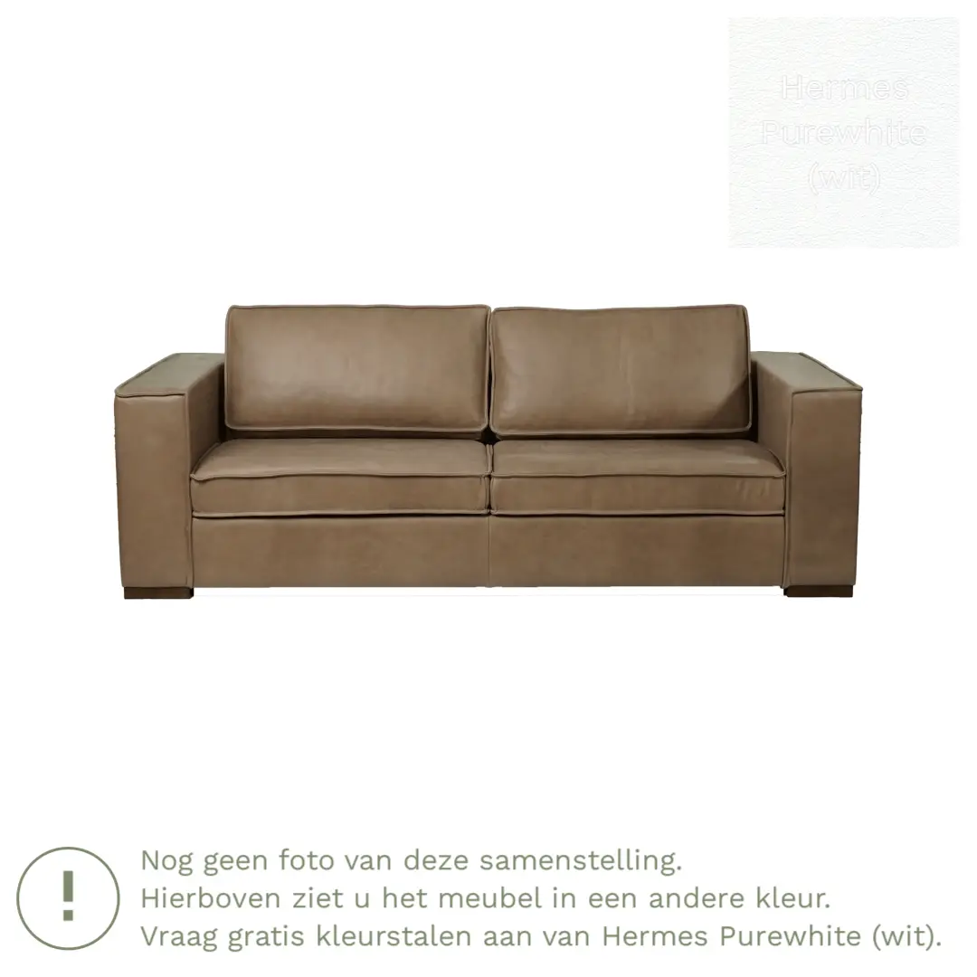 afbeelding van Leren bank Fine - 3 zits - Hermes Purewhite (wit) - Poten hout bruin