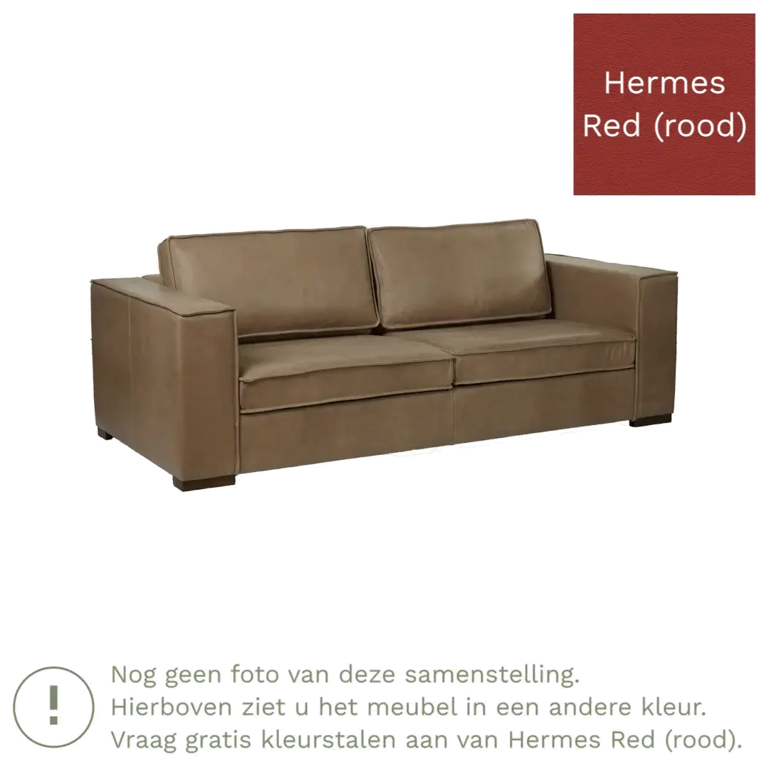 afbeelding van Leren bank Fine - 3 zits - Hermes Red (rood) - Poten hout bruin