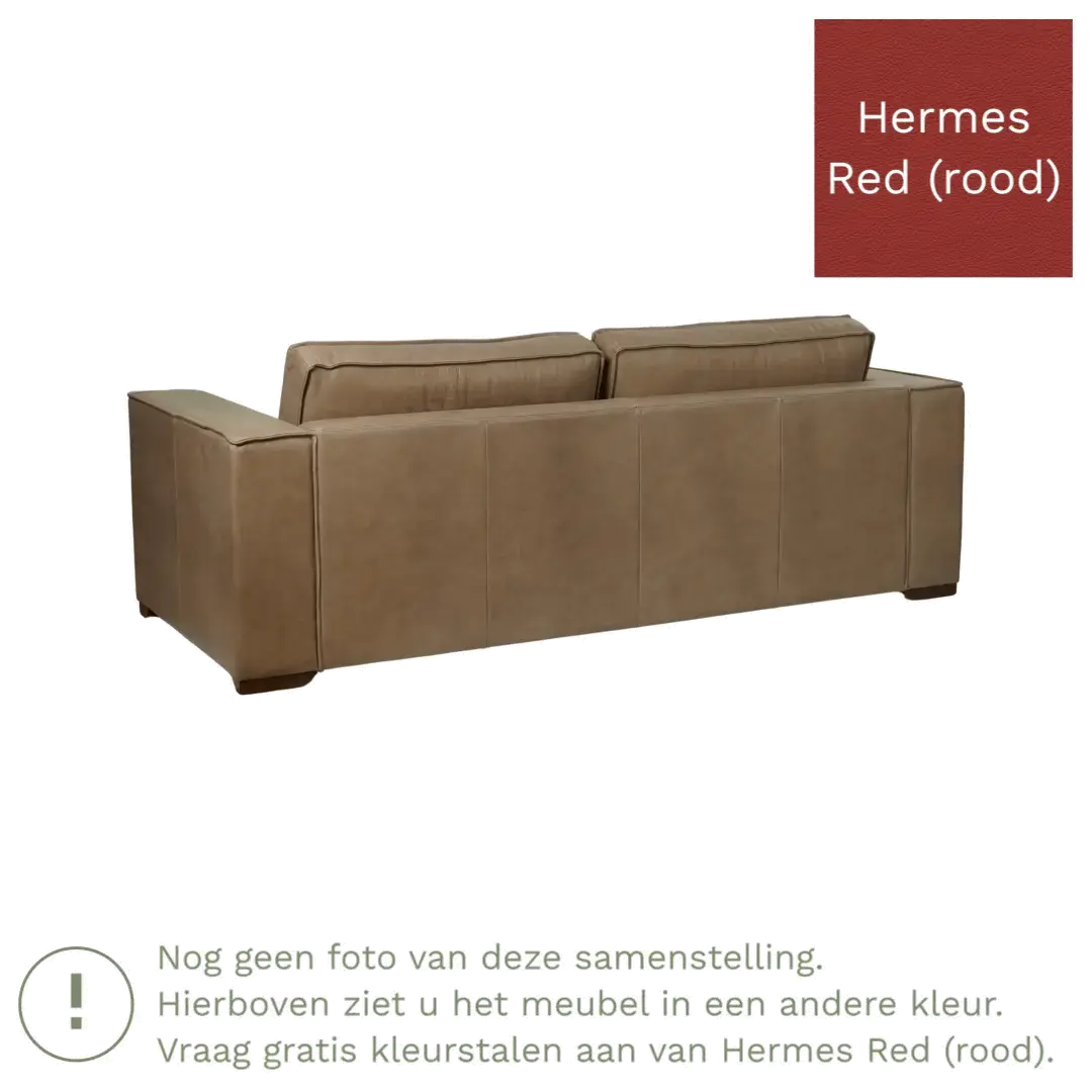 afbeelding van Leren bank Fine - 3 zits - Hermes Red (rood) - Poten hout bruin