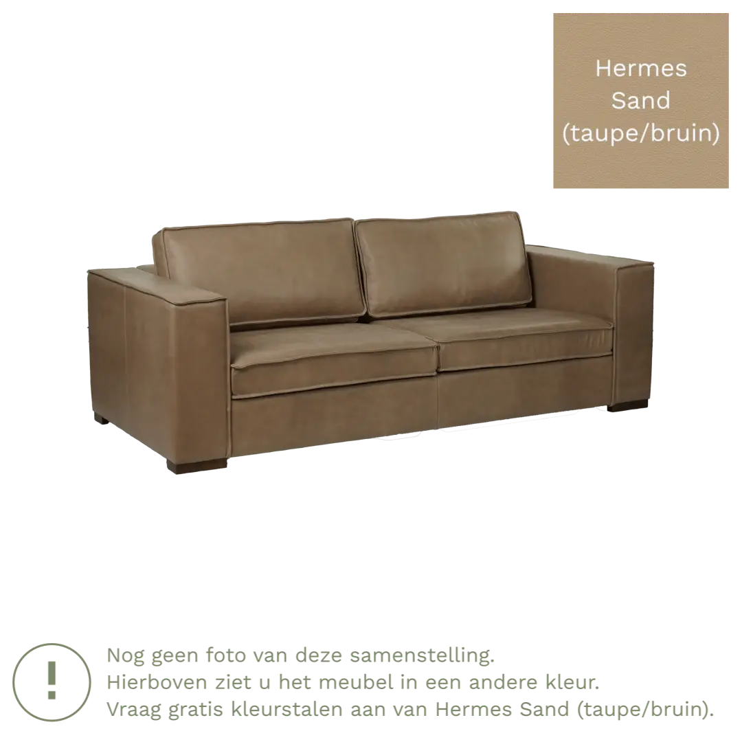 afbeelding van Leren bank Fine - 3 zits - Hermes Sand (taupe/bruin) - Poten hout zwart
