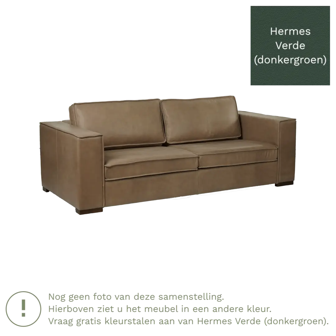 afbeelding van Leren bank Fine - 3 zits - Hermes Verde (donkergroen) - Poten hout bruin