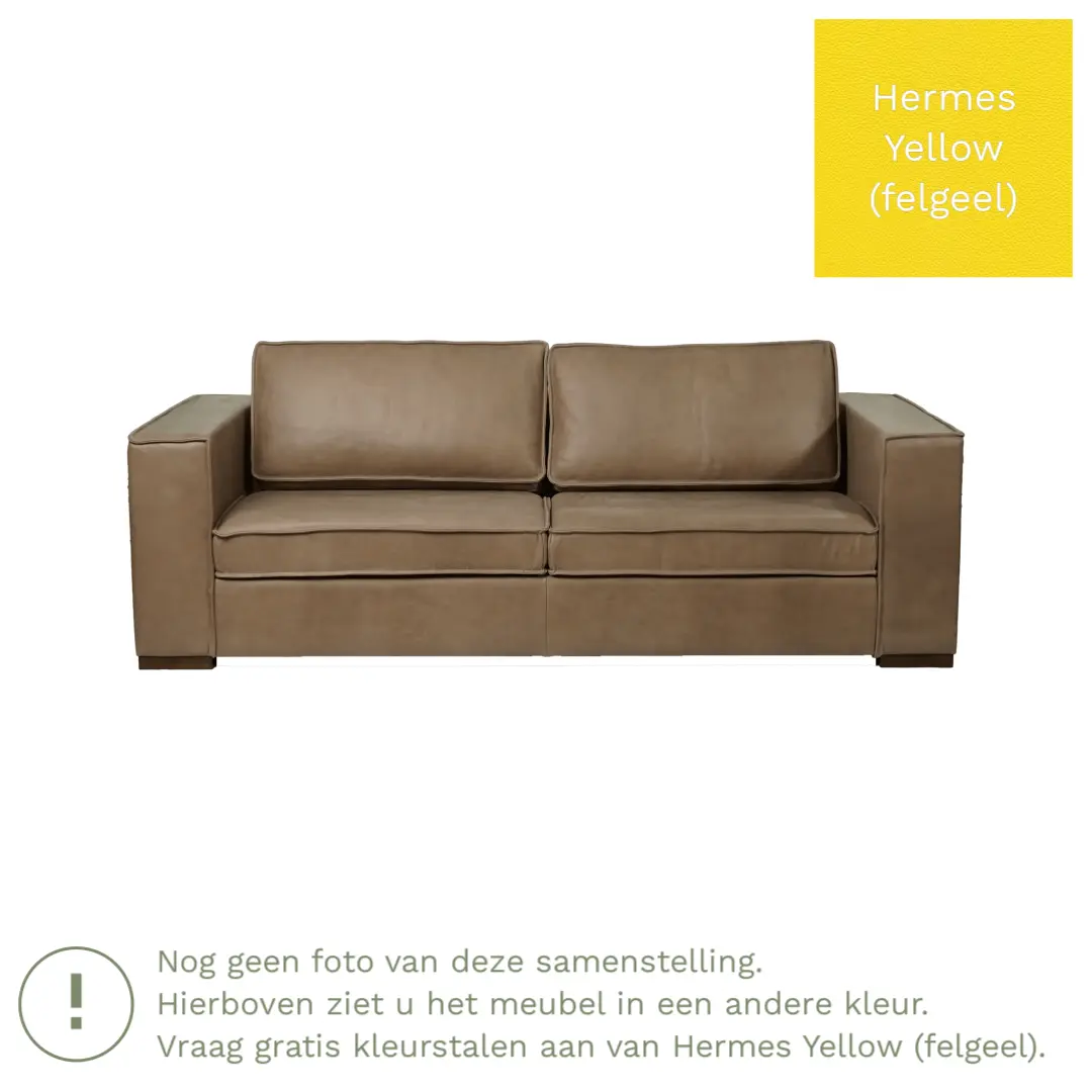 afbeelding van Leren bank Fine - 3 zits - Hermes Yellow (felgeel) - Poten hout bruin