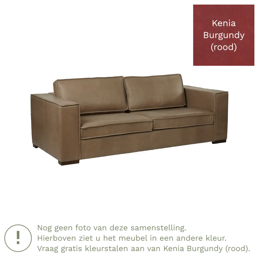 afbeelding van Leren bank Fine - 3 zits - Kenia Burgundy (rood) - Poten hout bruin