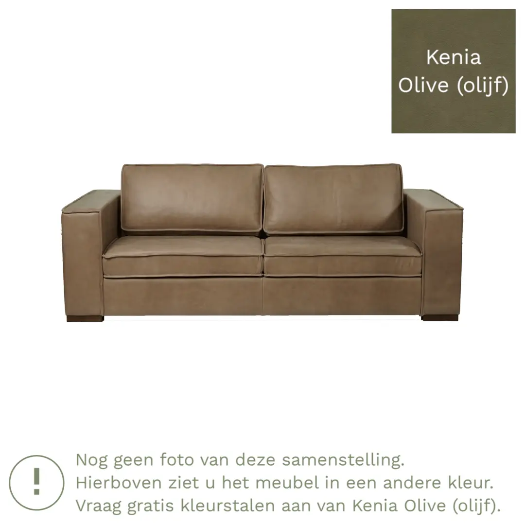 afbeelding van Leren bank Fine - 3 zits - Kenia Olive (olijf) - Poten hout bruin