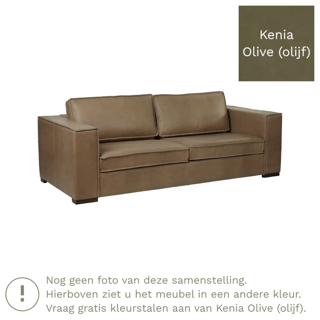 afbeelding van Leren bank Fine - 3 zits - Kenia Olive (olijf) - Poten hout zwart