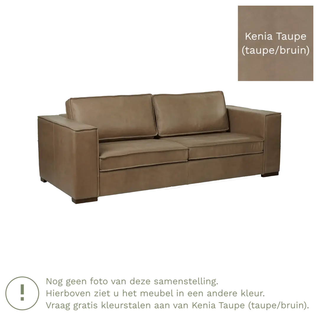 afbeelding van Leren bank Fine - 3 zits - Kenia Taupe (taupe/bruin) - Poten hout bruin