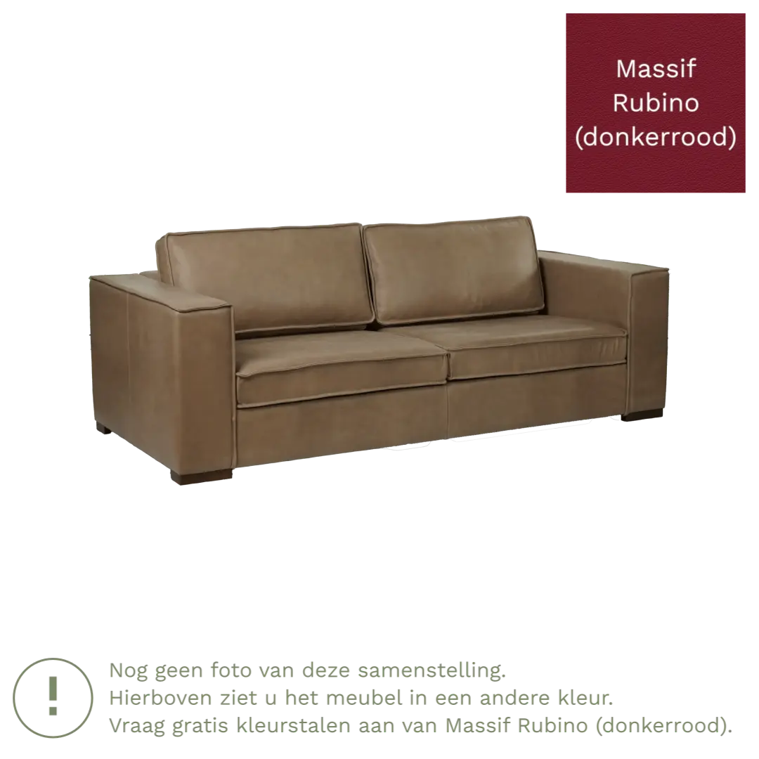 afbeelding van Leren bank Fine - 3 zits - Massif Rubino (donkerrood) - Poten hout bruin