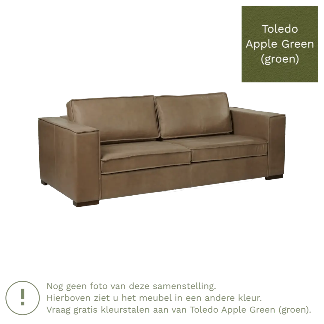 afbeelding van Leren bank Fine - 3 zits - Toledo Apple Green (groen) - Poten hout bruin
